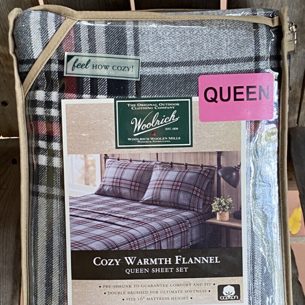 WOOLRICH QUEEN SIZE Cotton Flannel Sheet Set - BURGUNDY BLK PLAID